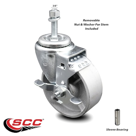 Service Caster 4 Inch Semi Steel Wheel Swivel 3/8 Inch Threaded Stem Caster with Brake SCC SCC-TS20S414-SSS-TLB-381615